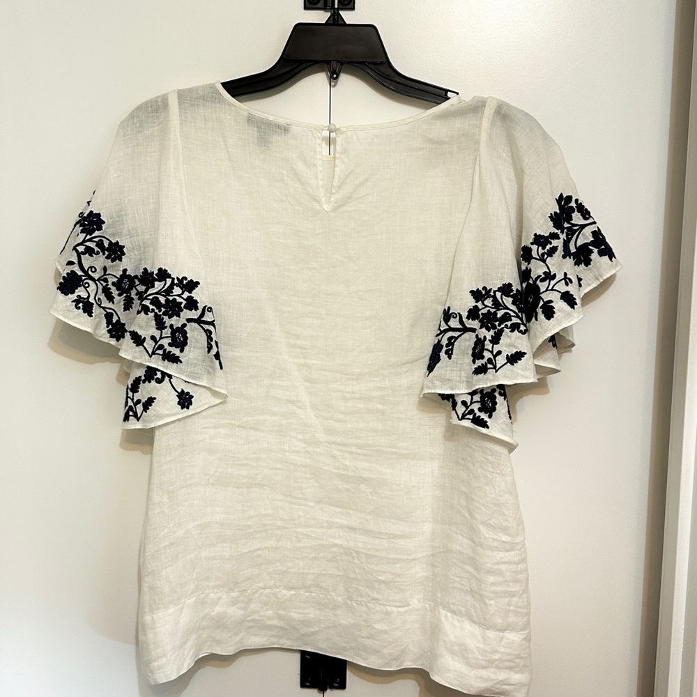 J. Crew White Linen w/ navy Embroidered Flutter sleeve Blouse - Picture 2 of 6